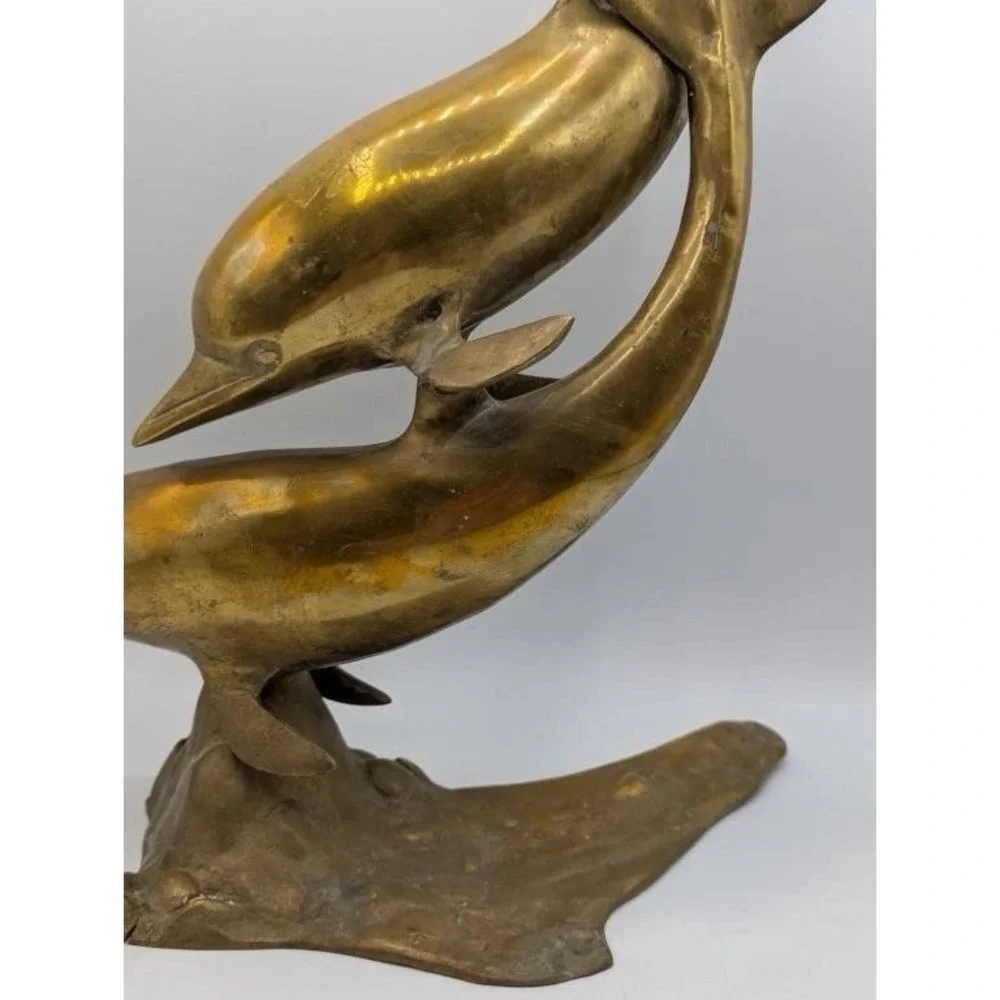 VTG 50s Large Brass Double Swimming Dolphins Sculpture MCM 15